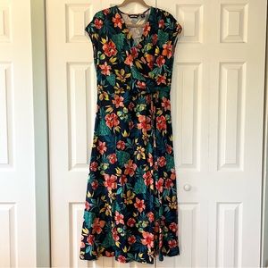 Lands End Surplice Faux Wrap Maxi Dress Blue Hawaiian Floral size XL Petite (18)